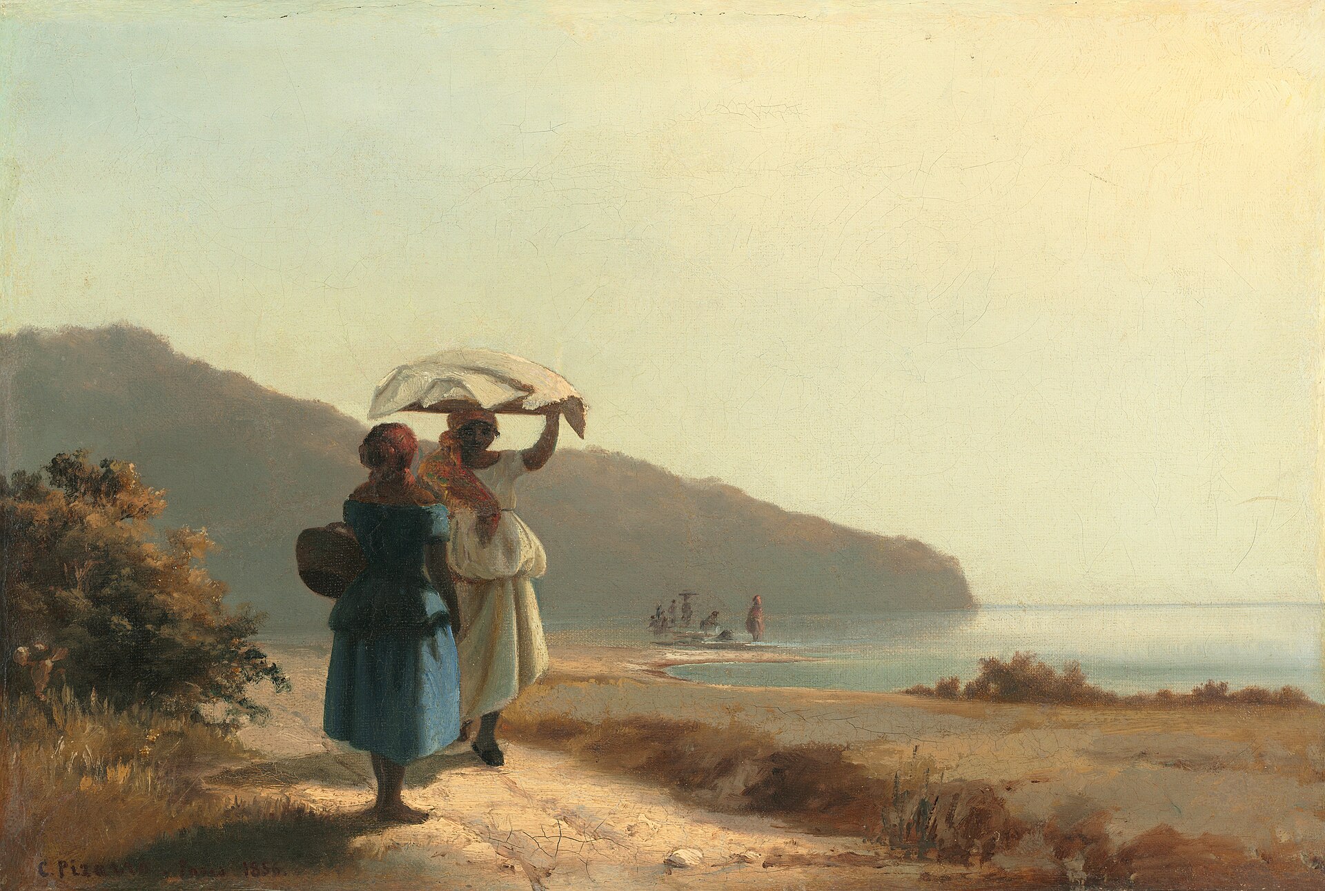 Two women walking and talking on a shore in St. Thomas, painted by Camille Pissarro in 1856