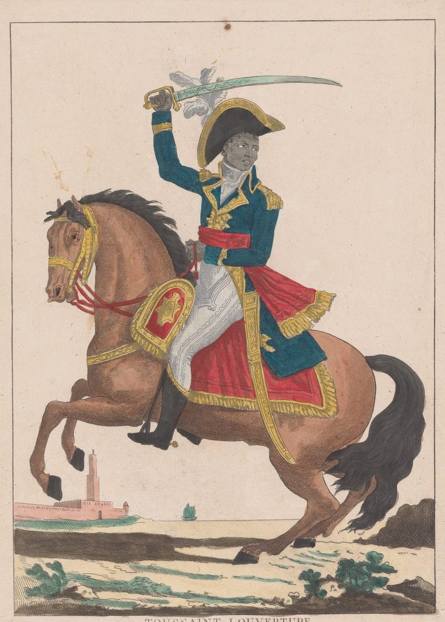 Hand-coloured etching of Toussaint Louverture in a blue general's uniform, sword raised, on a rearing horse